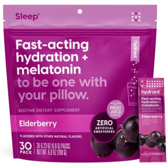 Hydrant - Sleep Electrolyte Powder, Elderberry Flavor, 30 Rapid Hydration Individual Stick Packs - Sleep Blend of Melatonin, L-Theanine, Magnesium, & Chamomile - Image 1