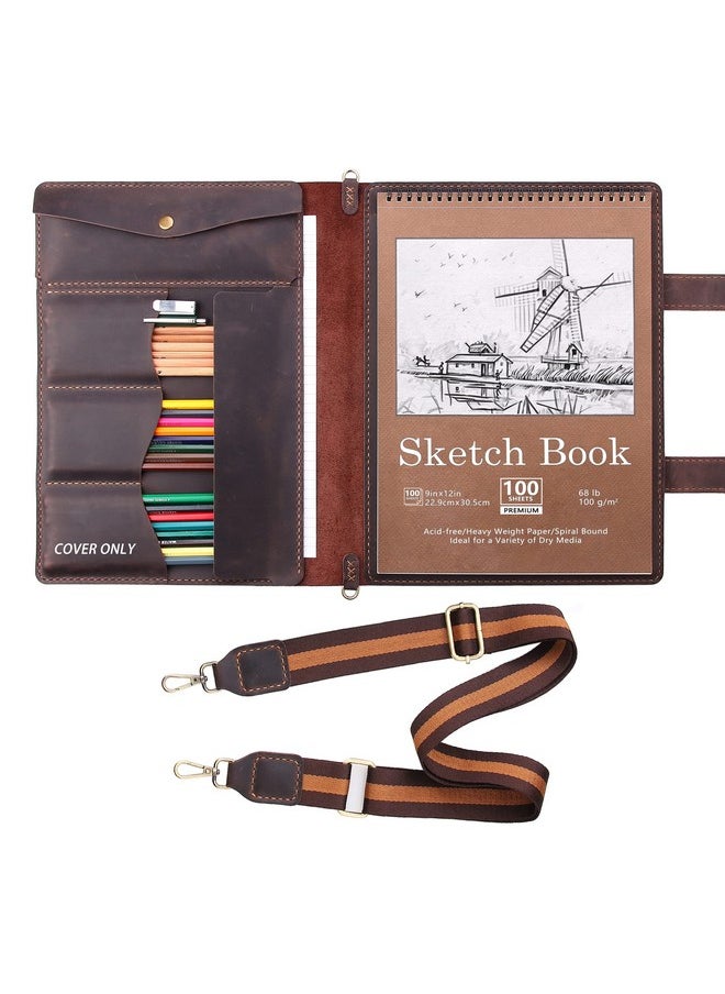 Robrasim - Handmade Leather Sketchbook Cover Artist Sketch Pad Holder For 9"X12" Top Spiral Bound Sketchbook Drawing Book Pencil Case Journal Portfolio With Shoulder Strap Artist Giftscoffee - Image 1