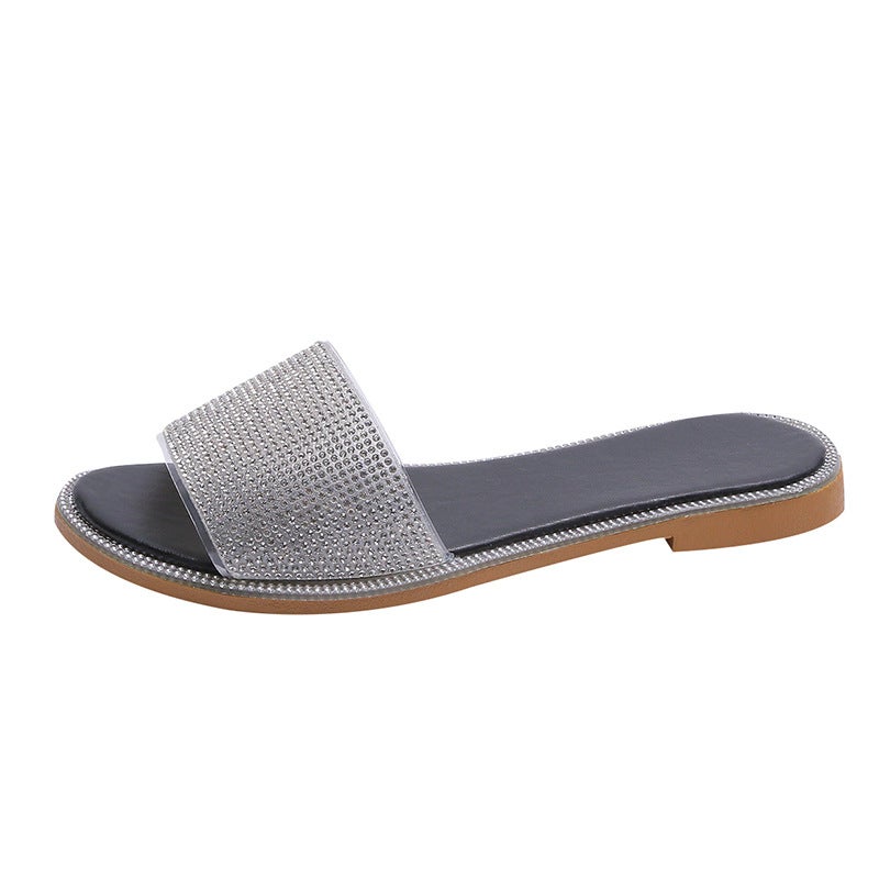 foreign trade plus size women''s shoes 2021 summer new Korean style fashionable outdoor sandals rhinestone flat beach slippers - Image 1