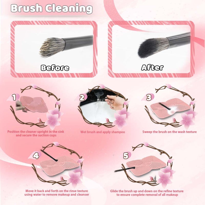YalsFTY Silicone Makeup Brush Cleaner Pad with Suction Cup, 8 Textures, Stable, Makeup Brush Cleaning Mat (Pink) - Image 4