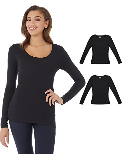 32 Degrees Women's 2 Pack Ultra Lightweight Thermal Long Sleeve Baselayer Shirt | Scoop Neck Top, Black/Black, X-Large - Image 1
