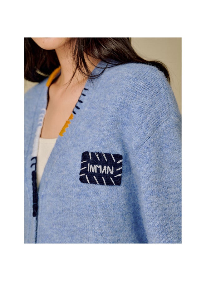 Inman T Style Shiny Fringe Cardigan Sweater Autumn Women's New Knit Jacket Color Blue L - Image 1