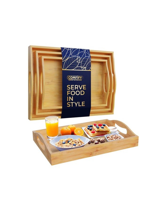 Comfify Set of 3 Bamboo Serving Trays - Ottoman Trays for Entertainment, Food and Décor - Clean, Minimal Design - Image 1