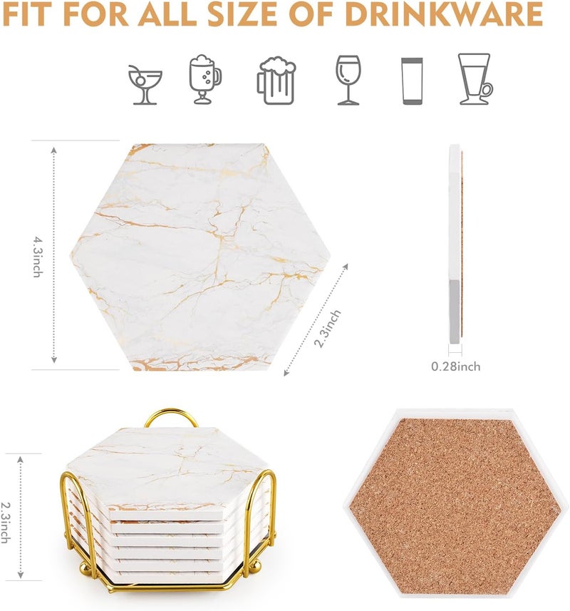 Geichan Marble Coasters for Drinks Absorbent with Cork Base, 6pcs Drink Coasters for Wooden Table with Metal Holder, Gold Ceramic Cup Coaster Set Home Decor for Housewarming - Image 4
