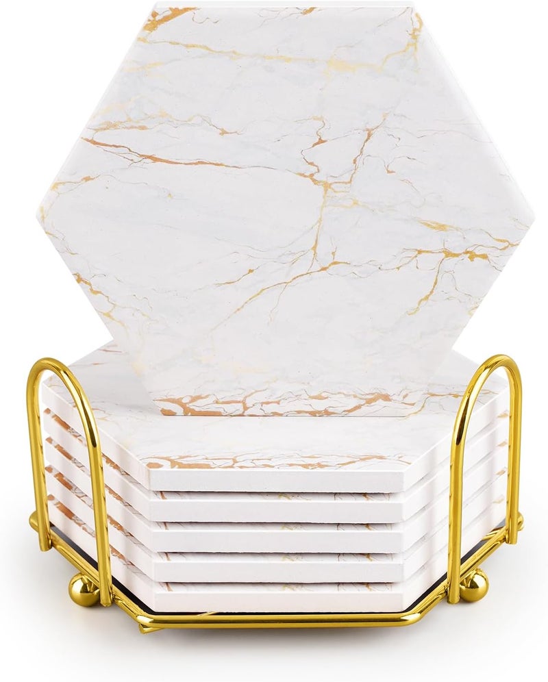 Geichan Marble Coasters for Drinks Absorbent with Cork Base, 6pcs Drink Coasters for Wooden Table with Metal Holder, Gold Ceramic Cup Coaster Set Home Decor for Housewarming - Image 1