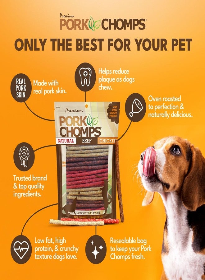 Pork Chomps Dog Chews, 5 Inch Munchy Sticks, 100 Count - Assorted Flavors: Roasted Pork, Chicken, & Bacon - Long-Lasting Treats for Dogs - High Protein, Low Fat, Healthy & Delicious Chews (1 Pack) - Image 3