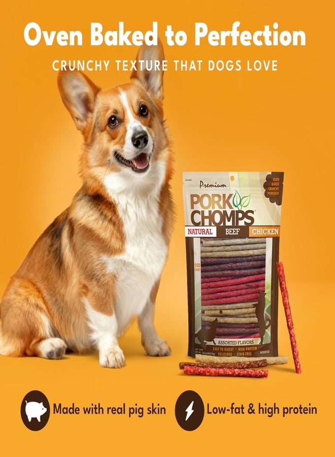 Pork Chomps Dog Chews, 5 Inch Munchy Sticks, 100 Count - Assorted Flavors: Roasted Pork, Chicken, & Bacon - Long-Lasting Treats for Dogs - High Protein, Low Fat, Healthy & Delicious Chews (1 Pack) - Image 2