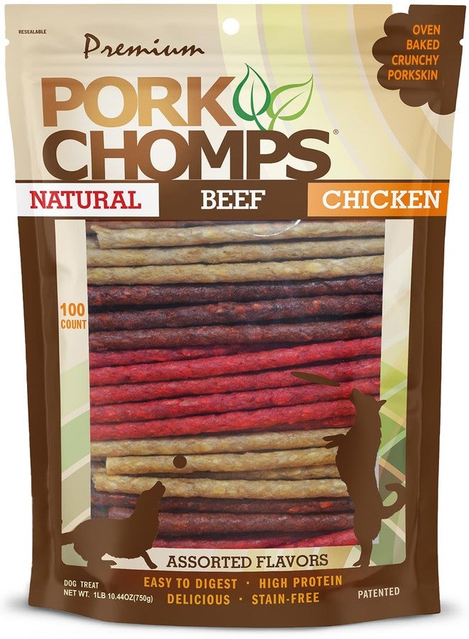 Pork Chomps Dog Chews, 5 Inch Munchy Sticks, 100 Count - Assorted Flavors: Roasted Pork, Chicken, & Bacon - Long-Lasting Treats for Dogs - High Protein, Low Fat, Healthy & Delicious Chews (1 Pack) - Image 1
