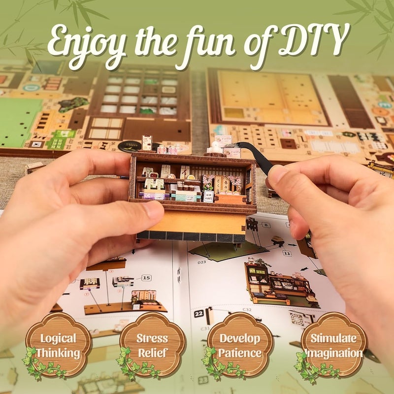 كيوت بي طقم ركن الكتاب - طقم بيت مصغر DIY لمحل الحلويات اليابانية واغاشي، طقم بيت الدمى للكبار والمراهقين، زينة رف الكتب طقم لغز خشبي ثلاثي الأبعاد، هدايا للعائلة، الأصدقاء (كانمي-دوكورو كوريهارا) - Image 4