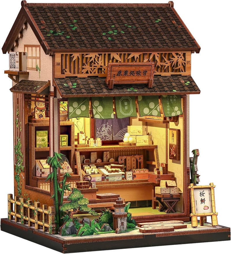 كيوت بي طقم ركن الكتاب - طقم بيت مصغر DIY لمحل الحلويات اليابانية واغاشي، طقم بيت الدمى للكبار والمراهقين، زينة رف الكتب طقم لغز خشبي ثلاثي الأبعاد، هدايا للعائلة، الأصدقاء (كانمي-دوكورو كوريهارا) - Image 1