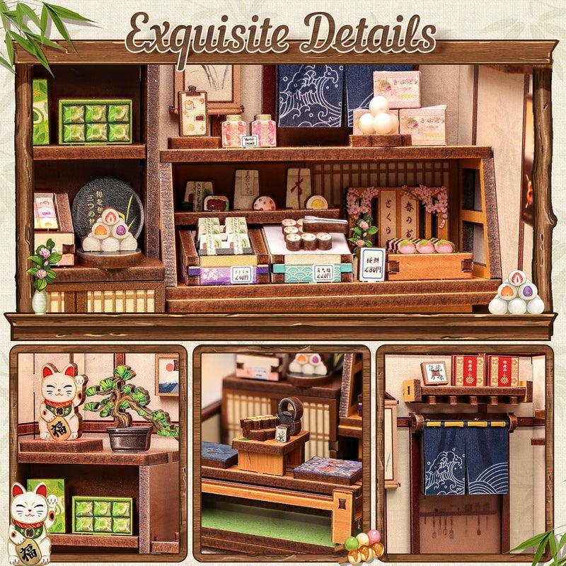 كيوت بي طقم ركن الكتاب - طقم بيت مصغر DIY لمحل الحلويات اليابانية واغاشي، طقم بيت الدمى للكبار والمراهقين، زينة رف الكتب طقم لغز خشبي ثلاثي الأبعاد، هدايا للعائلة، الأصدقاء (كانمي-دوكورو كوريهارا) - Image 5