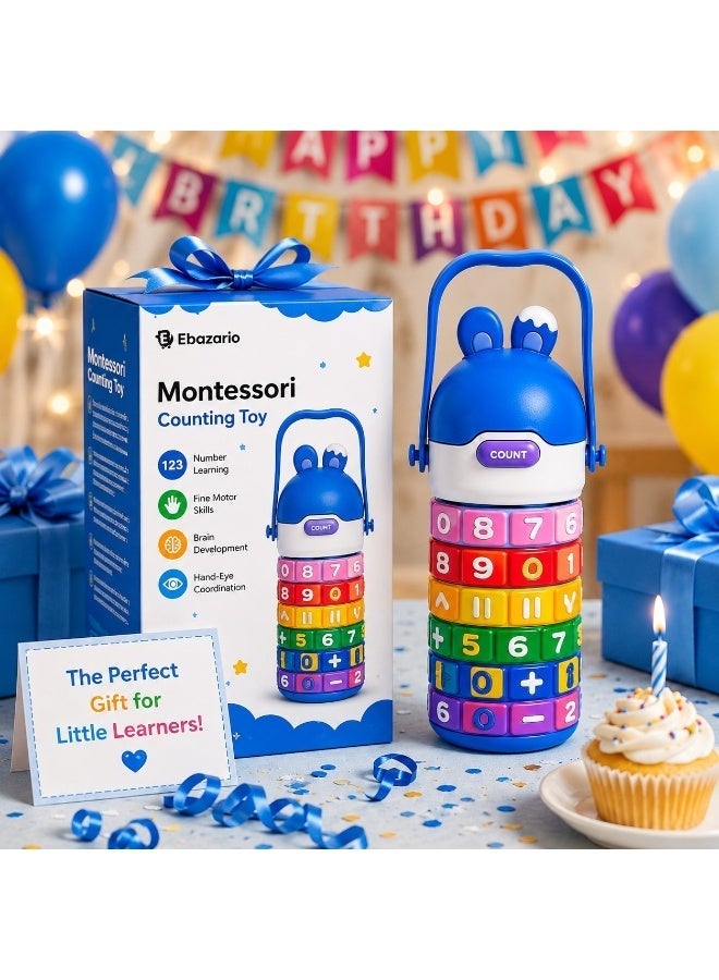 Ebazario Montessori Counting Toy Blue for Toddlers with Rotating Number Rings, Educational Learning Bottle Toy, Preschool Math Activity Game, Brain Development Gift for Boys Girls Kids - Image 1