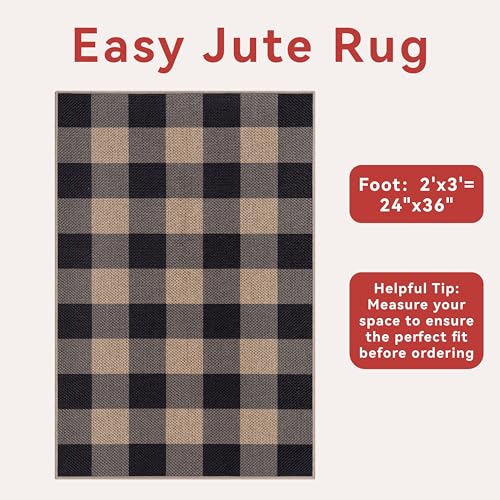 Tangsoo Checkered Easy Jute Rug, 2x3 Washable Ultra Thin Rug for Entryway Non-Slip Black Grey Outdoor Rug,Modern Front Door Mat Carpet for Kitchen Bedroom Porch Doorway - Image 3