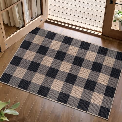 Tangsoo Checkered Easy Jute Rug, 2x3 Washable Ultra Thin Rug for Entryway Non-Slip Black Grey Outdoor Rug,Modern Front Door Mat Carpet for Kitchen Bedroom Porch Doorway - Image 1
