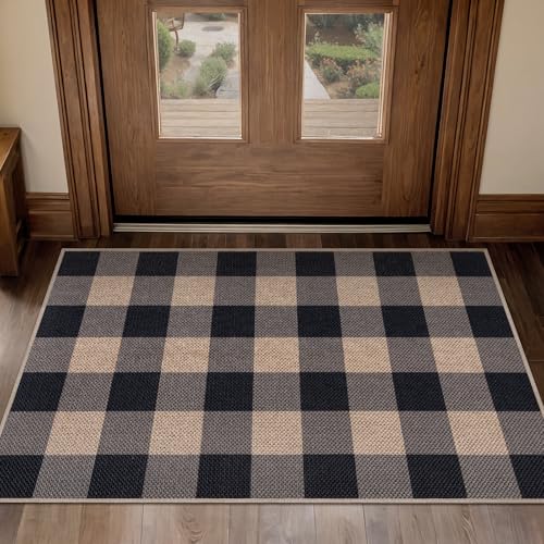 Tangsoo Checkered Easy Jute Rug, 2x3 Washable Ultra Thin Rug for Entryway Non-Slip Black Grey Outdoor Rug,Modern Front Door Mat Carpet for Kitchen Bedroom Porch Doorway - Image 2