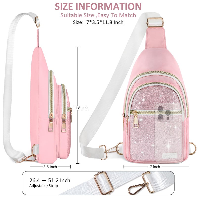 BAOGCOYO Sling Bag for Women Men, Glitter Crossbody Bags, Cute Mini Hiking Daypack, Casual Chest Shoulder Bag for Outdoors Travel (Pink Bling Sparkly) - Image 2