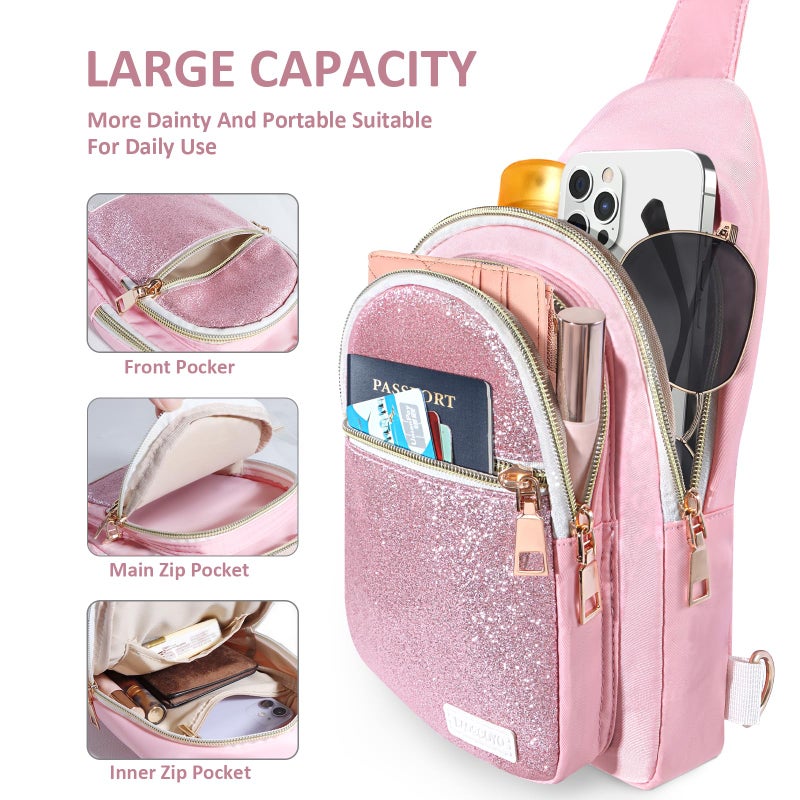 BAOGCOYO Sling Bag for Women Men, Glitter Crossbody Bags, Cute Mini Hiking Daypack, Casual Chest Shoulder Bag for Outdoors Travel (Pink Bling Sparkly) - Image 3