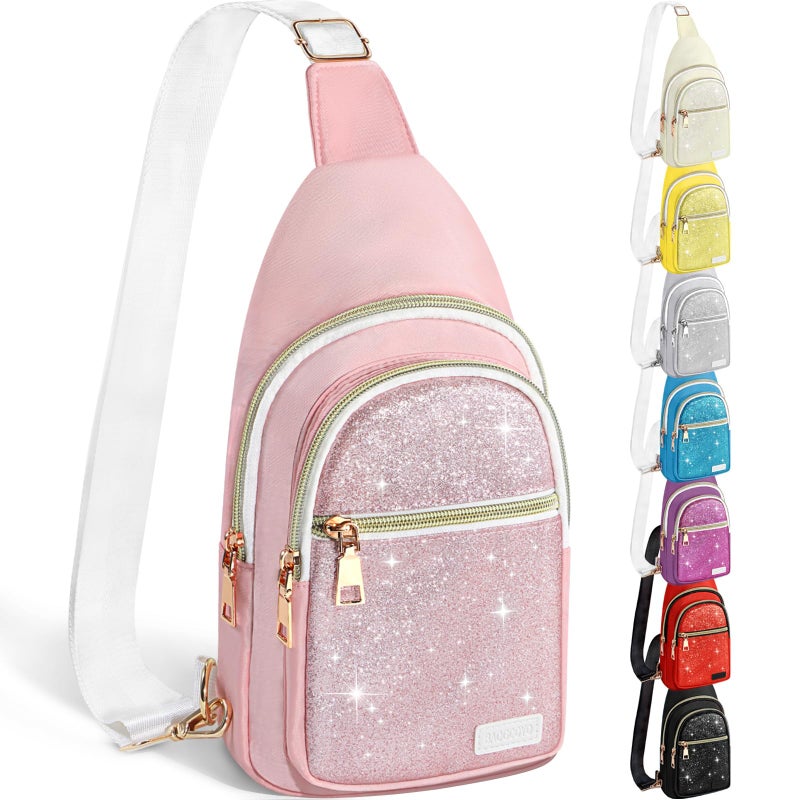 BAOGCOYO Sling Bag for Women Men, Glitter Crossbody Bags, Cute Mini Hiking Daypack, Casual Chest Shoulder Bag for Outdoors Travel (Pink Bling Sparkly) - Image 1