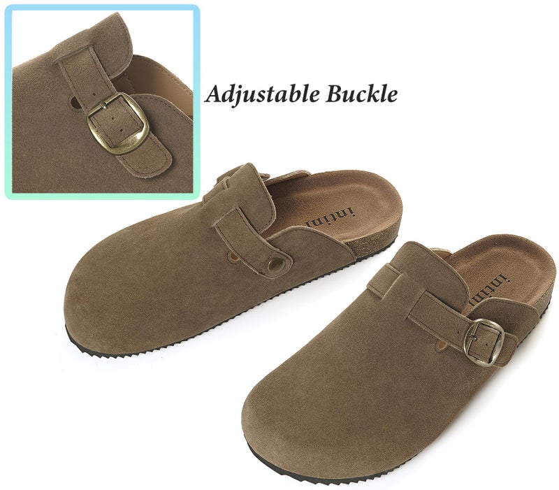 Intini Genuine Suede Leather Clogs for Womens Mens Slip on Mules Antislip Cork Sandals with Arch Support Potato Shoes Buckle Light Coffee - Image 4