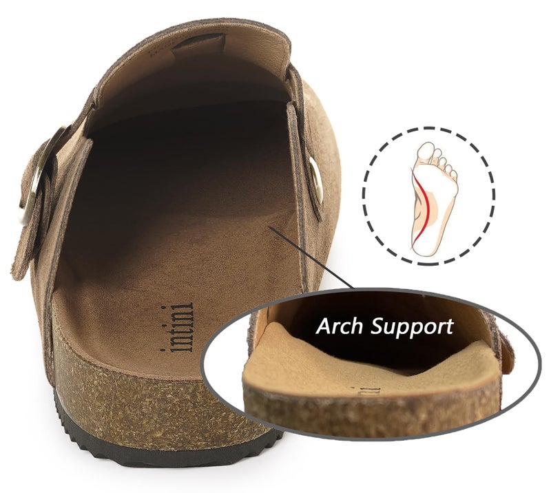Intini Genuine Suede Leather Clogs for Womens Mens Slip on Mules Antislip Cork Sandals with Arch Support Potato Shoes Buckle Light Coffee - Image 3