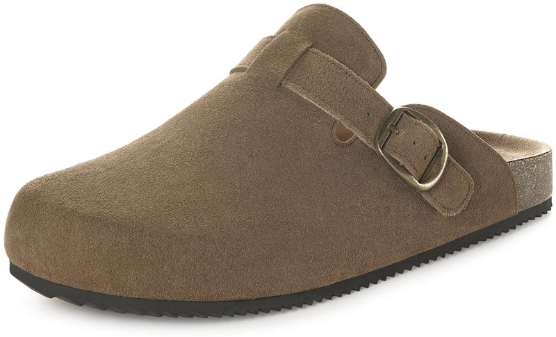 Intini Genuine Suede Leather Clogs for Womens Mens Slip on Mules Antislip Cork Sandals with Arch Support Potato Shoes Buckle Light Coffee - Image 1