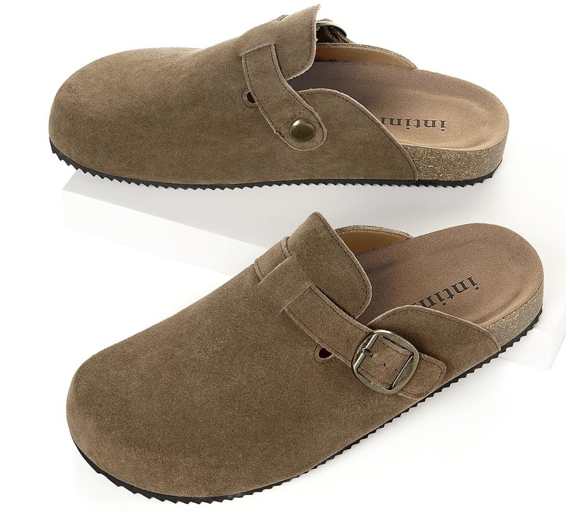 Intini Genuine Suede Leather Clogs for Womens Mens Slip on Mules Antislip Cork Sandals with Arch Support Potato Shoes Buckle Light Coffee - Image 5