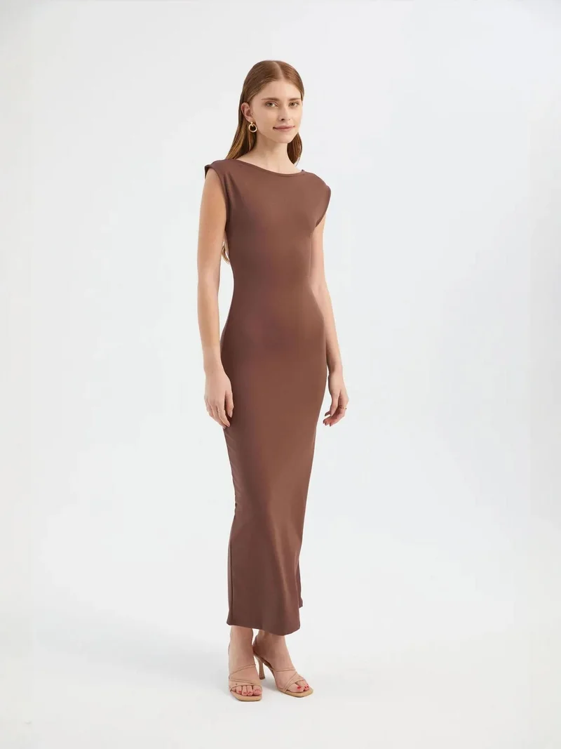 HICCUP Round Neck Backless Cap Sleeve Maxi Bodycon Dress