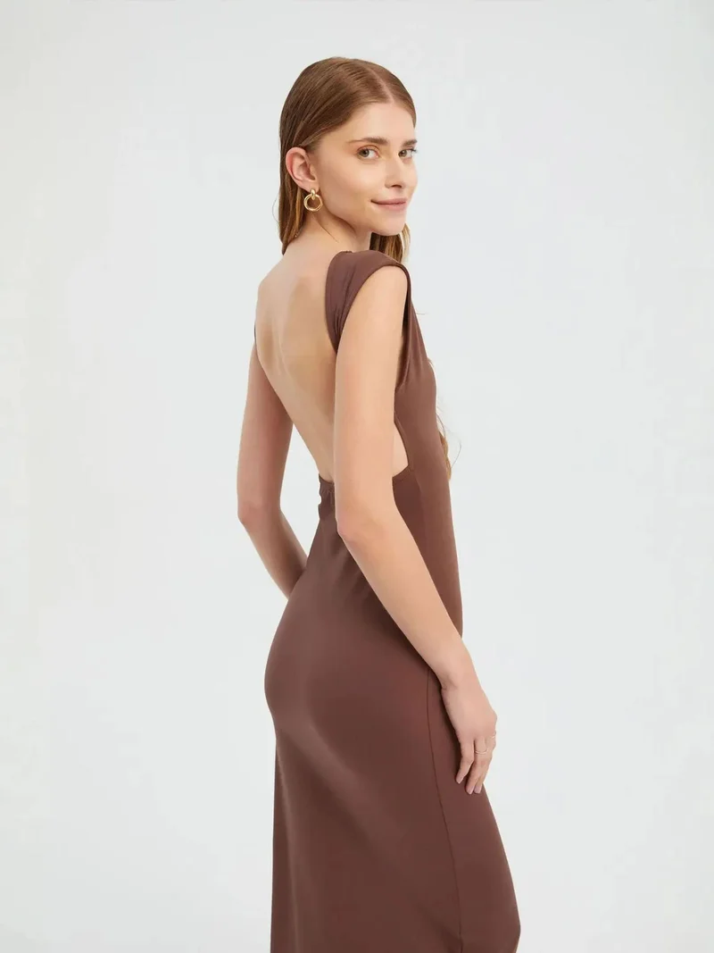 HICCUP Round Neck Backless Cap Sleeve Maxi Bodycon Dress