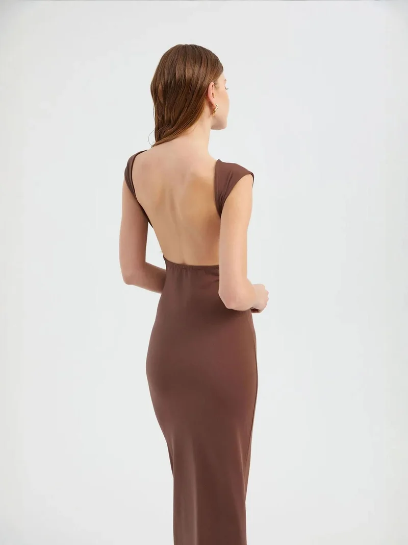 HICCUP Round Neck Backless Cap Sleeve Maxi Bodycon Dress