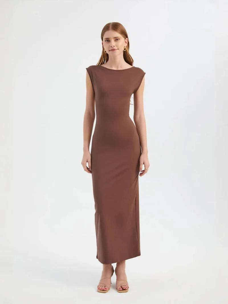 HICCUP Round Neck Backless Cap Sleeve Maxi Bodycon Dress
