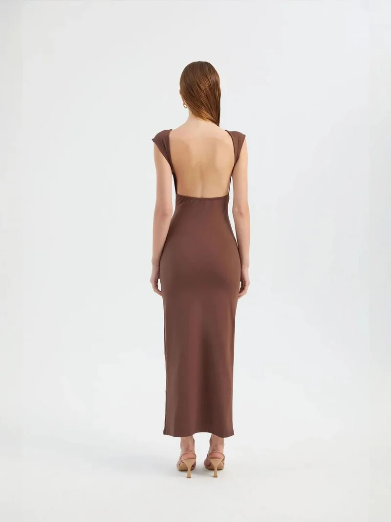 HICCUP Round Neck Backless Cap Sleeve Maxi Bodycon Dress