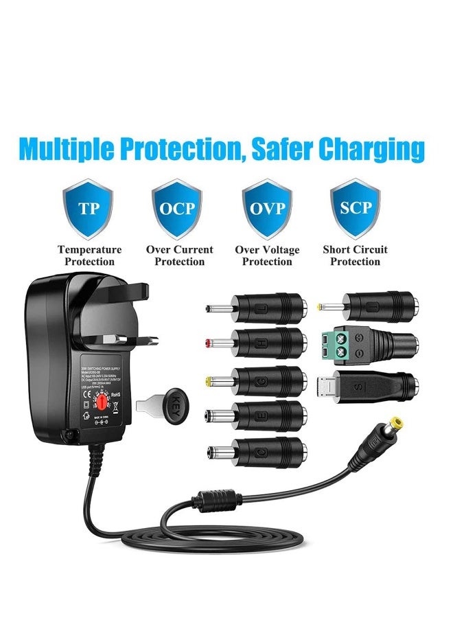 Universal 30W 3V 4.5V 5V 6V 7.5V 9V 12V AC/DC Adapter Switching Power Supply Charger PSU with 8 Selectable Adaptor Tips for 3V-12V Household Electronics and LED Strip - 2000mA Max - Image 2