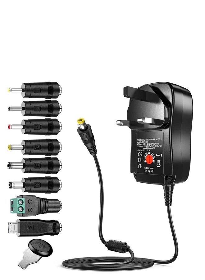 Universal 30W 3V 4.5V 5V 6V 7.5V 9V 12V AC/DC Adapter Switching Power Supply Charger PSU with 8 Selectable Adaptor Tips for 3V-12V Household Electronics and LED Strip - 2000mA Max - Image 1