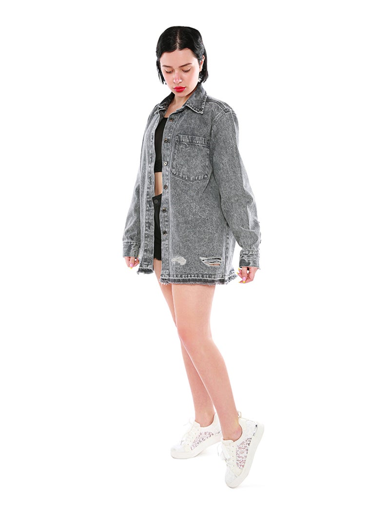 لندن راج جاكيت جينز مغسول بالحامض باللون الرمادي - Image 3