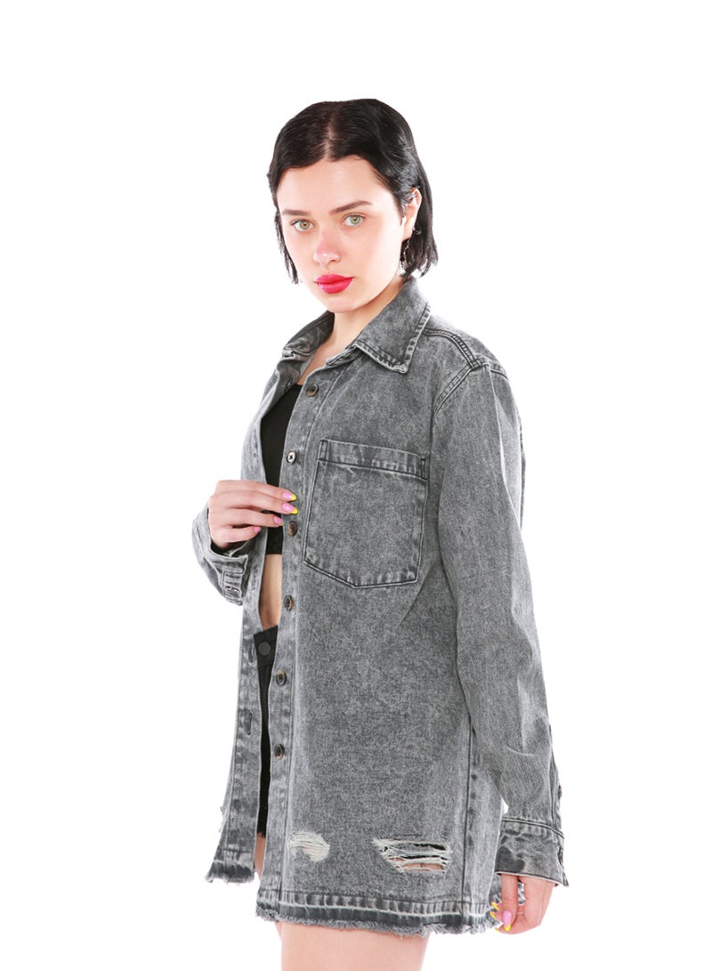 لندن راج جاكيت جينز مغسول بالحامض باللون الرمادي - Image 4