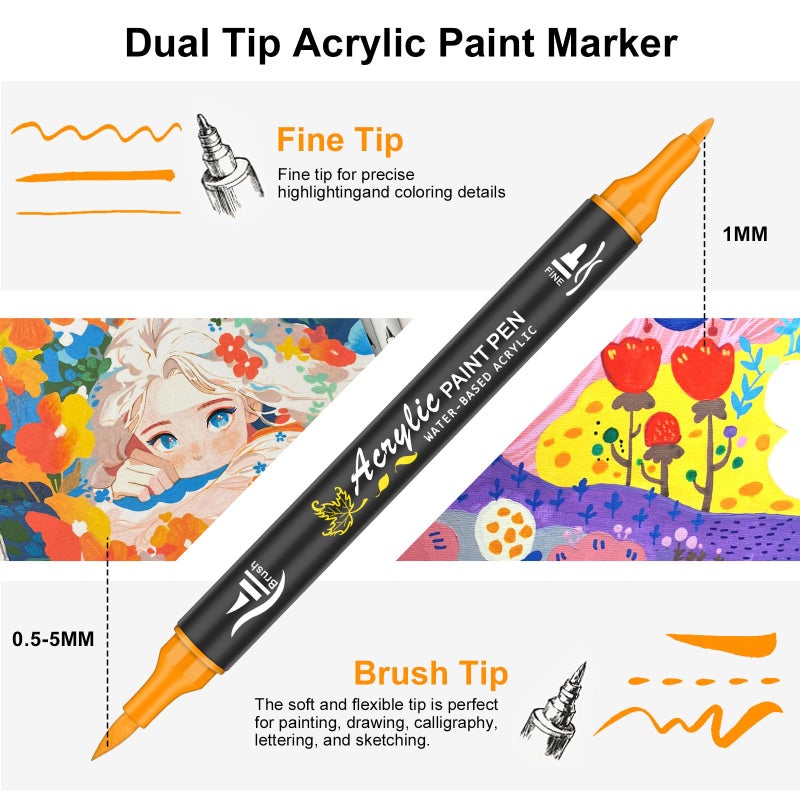 NICETY 128 Acrylic Paint Markers, Dual Tip Brush Paint Pens for Rock Painting, Wood, Glass, Stone, Canvas, Ceramic, Fabric - Fine & Brush Tip Water Based Acrylic Markers Pens - Image 3