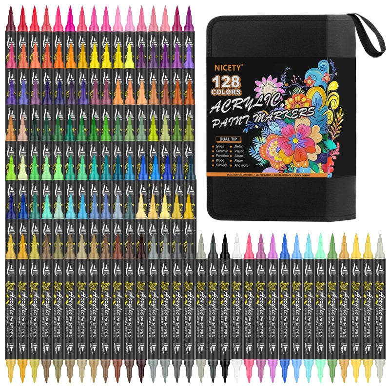 NICETY 128 Acrylic Paint Markers, Dual Tip Brush Paint Pens for Rock Painting, Wood, Glass, Stone, Canvas, Ceramic, Fabric - Fine & Brush Tip Water Based Acrylic Markers Pens - Image 1