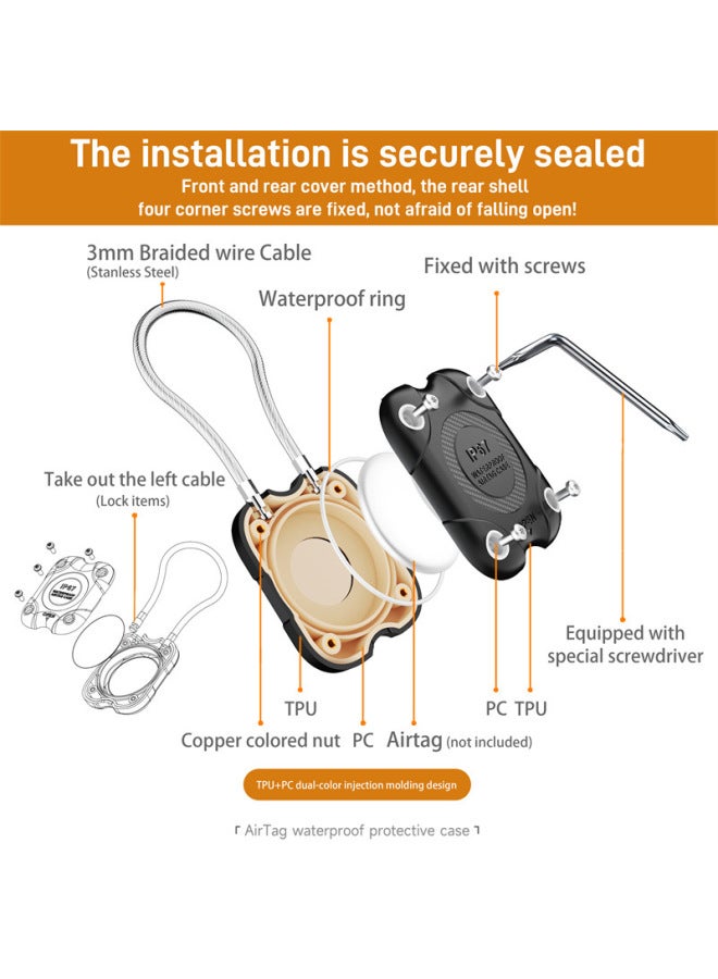 Protective Cover For Apple Tracker Airtag Tracking Locator Waterproof Rope Protective Cover-Color:Black (back Cover Screw Hole White)