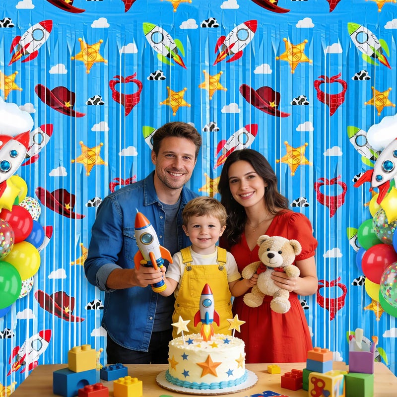 Bexlora Toy Birthday Party Backdrop, 2 Pack Toy Theme Foil Fringe Curtains for Kids Birthday Decorations, Tinsel Streamers Photo Booth Background for Toy Themed Party Decor - Image 4