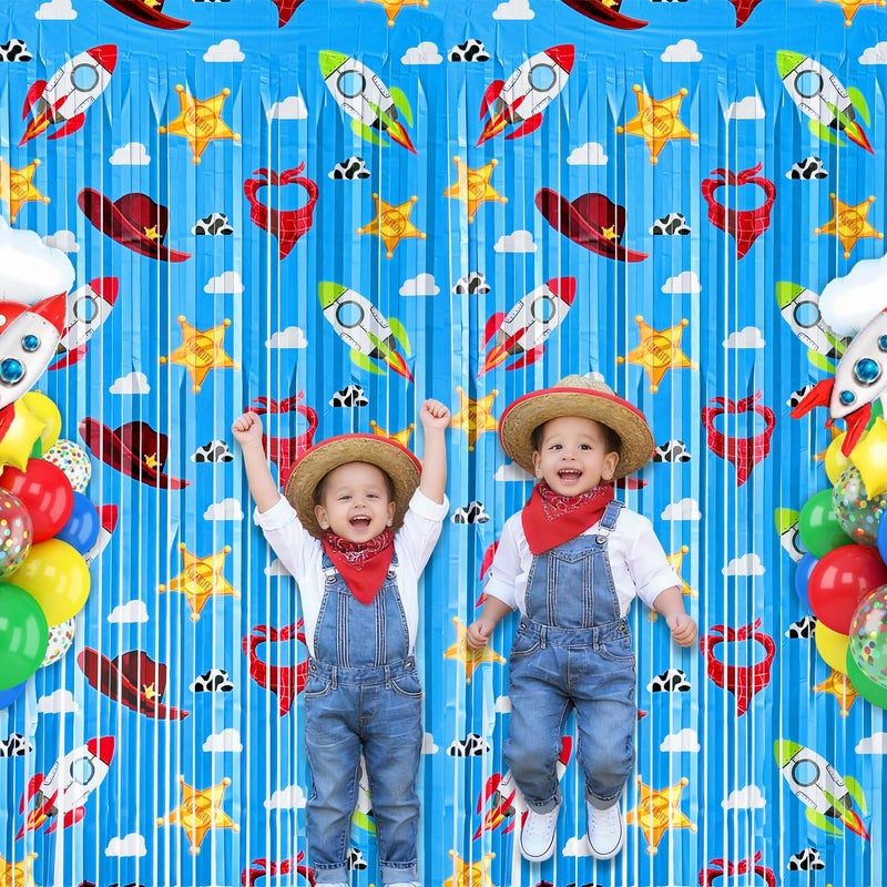 Bexlora Toy Birthday Party Backdrop, 2 Pack Toy Theme Foil Fringe Curtains for Kids Birthday Decorations, Tinsel Streamers Photo Booth Background for Toy Themed Party Decor - Image 3