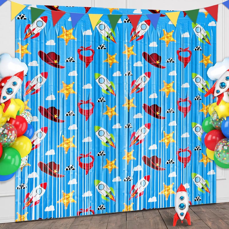 Bexlora Toy Birthday Party Backdrop, 2 Pack Toy Theme Foil Fringe Curtains for Kids Birthday Decorations, Tinsel Streamers Photo Booth Background for Toy Themed Party Decor - Image 1