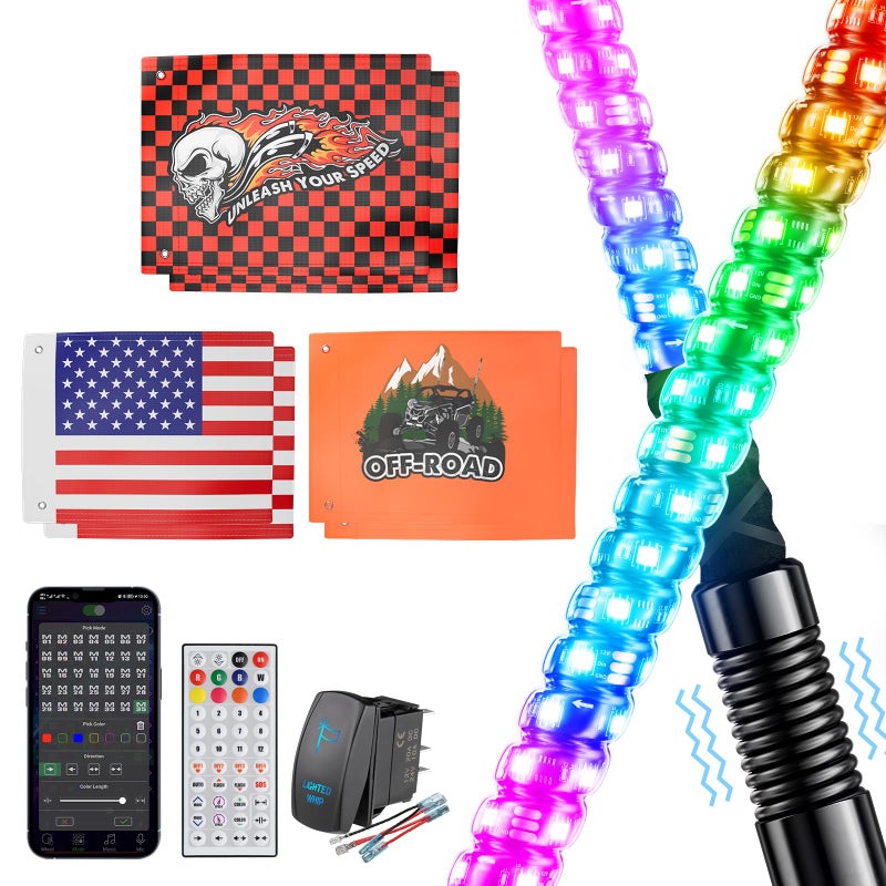Ehaho إيهاهو 2PCS 4FT أضواء السوط لـ UTV ATV مع قاعدة نابض، أضواء السوط LED أكثر إشراقًا ثلاث مرات مع مفتاح صخري و 6 أعلام، هوائي سوط مضاء بتأثير حلزوني مع تطبيق وتحكم عن بُعد لـ RZR SXS Can-Am - Image 1