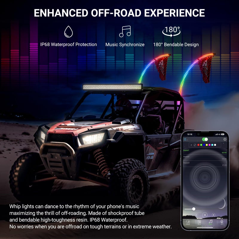 Ehaho إيهاهو 2PCS 4FT أضواء السوط لـ UTV ATV مع قاعدة نابض، أضواء السوط LED أكثر إشراقًا ثلاث مرات مع مفتاح صخري و 6 أعلام، هوائي سوط مضاء بتأثير حلزوني مع تطبيق وتحكم عن بُعد لـ RZR SXS Can-Am - Image 5