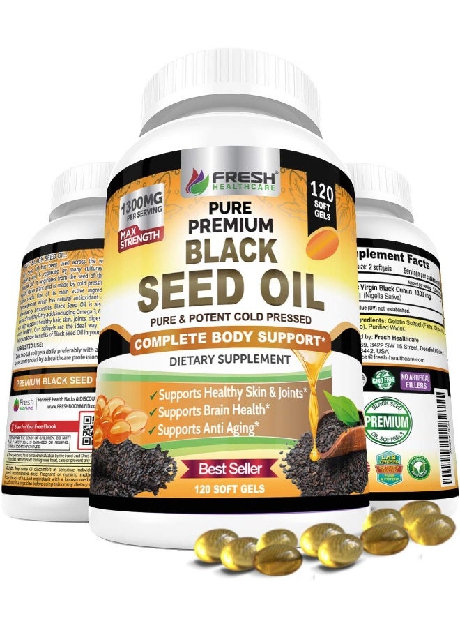 FRESH HEALTHCARE Black Seed Oil Pills Cold Pressed 1300mg Per Serving, 100% Pure & Premium Non-GMO Nigella Sativa Black Cumin Seed Oil, Supports Immune System, Joint & Skin Health - 120 Liquid Softgel Capsules  - Image 1