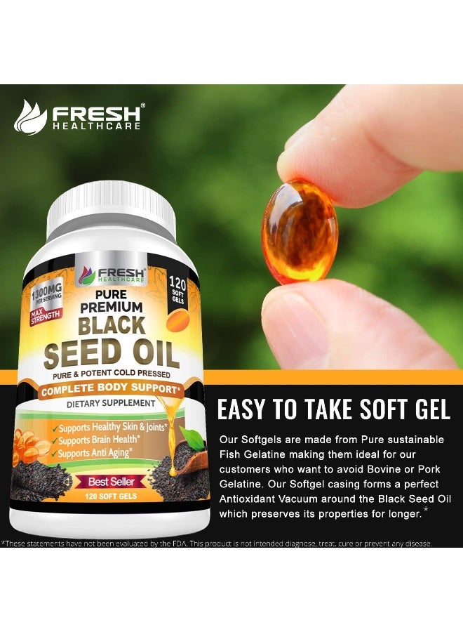 FRESH HEALTHCARE Black Seed Oil Pills Cold Pressed 1300mg Per Serving, 100% Pure & Premium Non-GMO Nigella Sativa Black Cumin Seed Oil, Supports Immune System, Joint & Skin Health - 120 Liquid Softgel Capsules  - Image 4