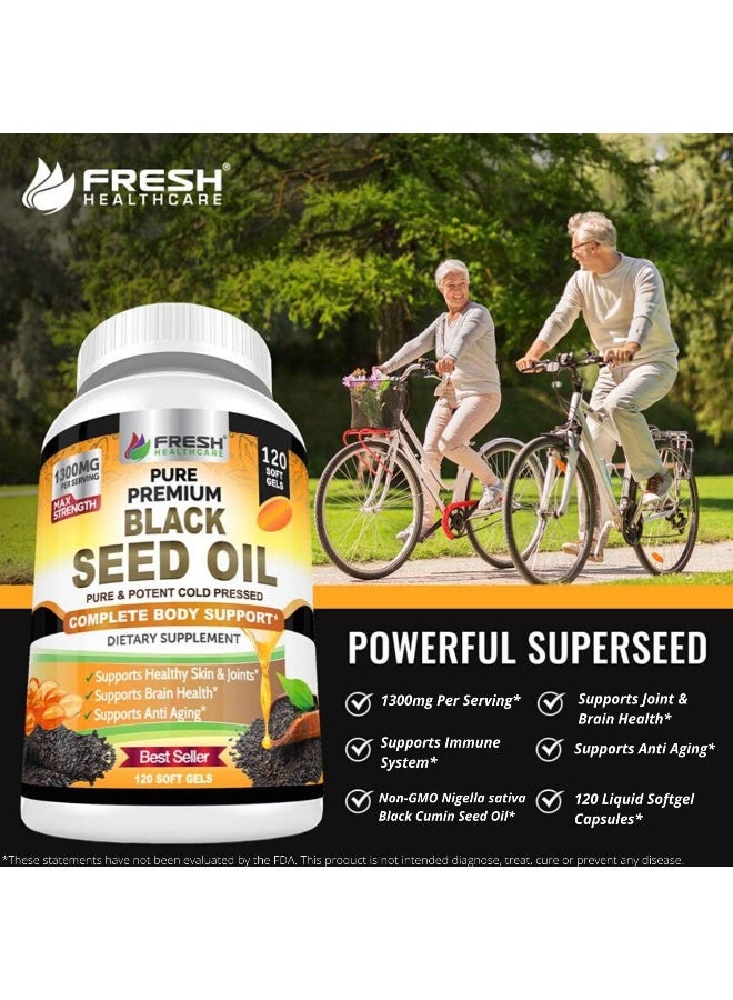 FRESH HEALTHCARE Black Seed Oil Pills Cold Pressed 1300mg Per Serving, 100% Pure & Premium Non-GMO Nigella Sativa Black Cumin Seed Oil, Supports Immune System, Joint & Skin Health - 120 Liquid Softgel Capsules  - Image 3
