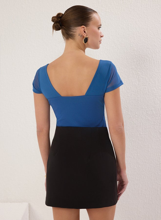 trendyol Indigo Fitted/Fits on the Body Tulle Detail Crepe Stretch Knit Bodysuit - Image 4
