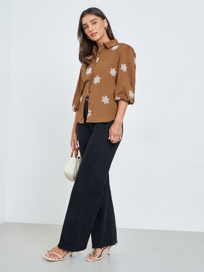 Styli Brown Embroidered Puff Sleeve Shirt - Image 2