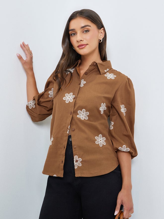Styli Brown Embroidered Puff Sleeve Shirt - Image 1