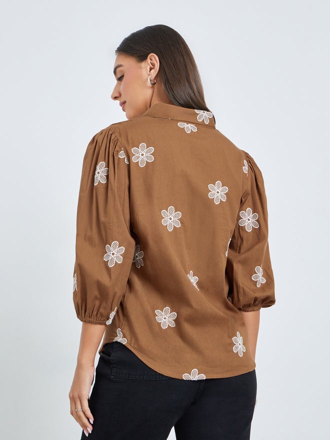 Styli Brown Embroidered Puff Sleeve Shirt - Image 5